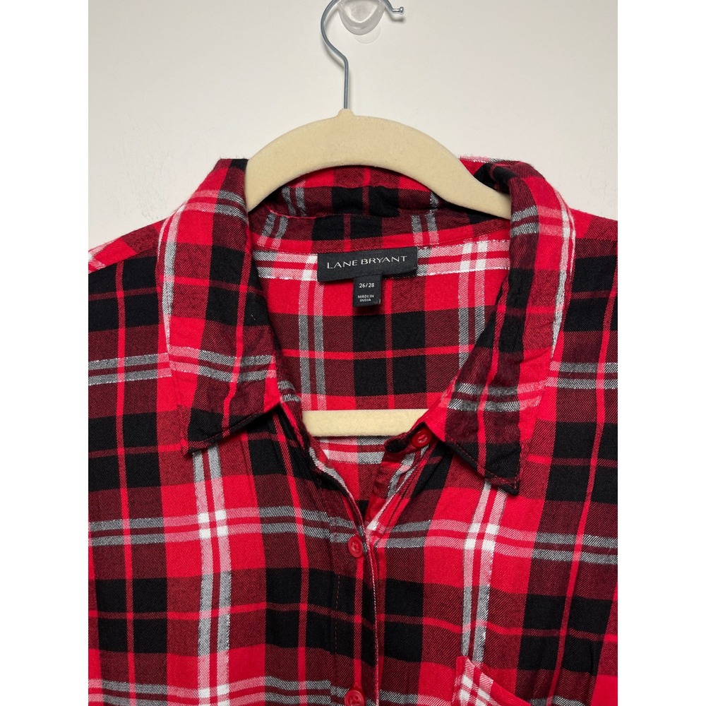 Lane Bryant Red Black Plaid Metallic Roll Tab Sleeve Button Front Shirt 26/28 - Picture 2 of 9